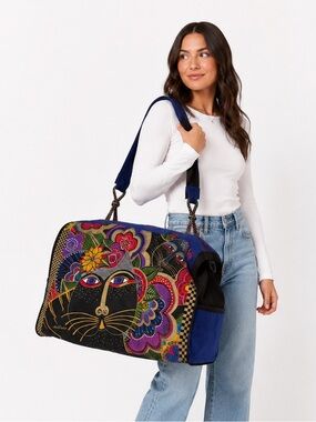 Laurel Burch Large Weekender Duffle Bag Cat Print Colorful Canvas 26” Travel Bag